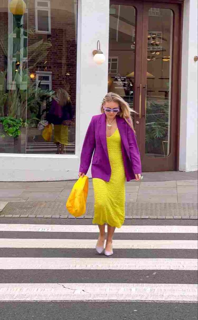 Purple Velvet Dress and Yellow Sneakers
