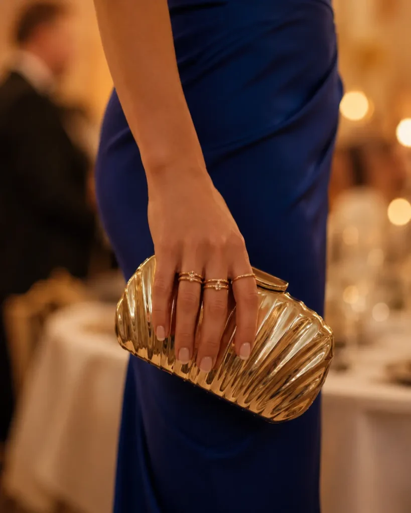 Flat lay of four elegant wedding guest bags including gold clutch, beaded minaudiere and satin shoulder bag