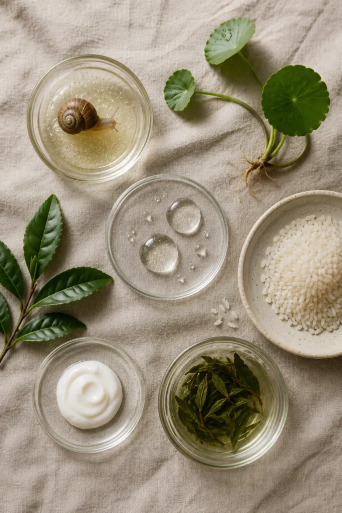 Popular Korean skincare ingredients including snail mucin and hyaluronic acid