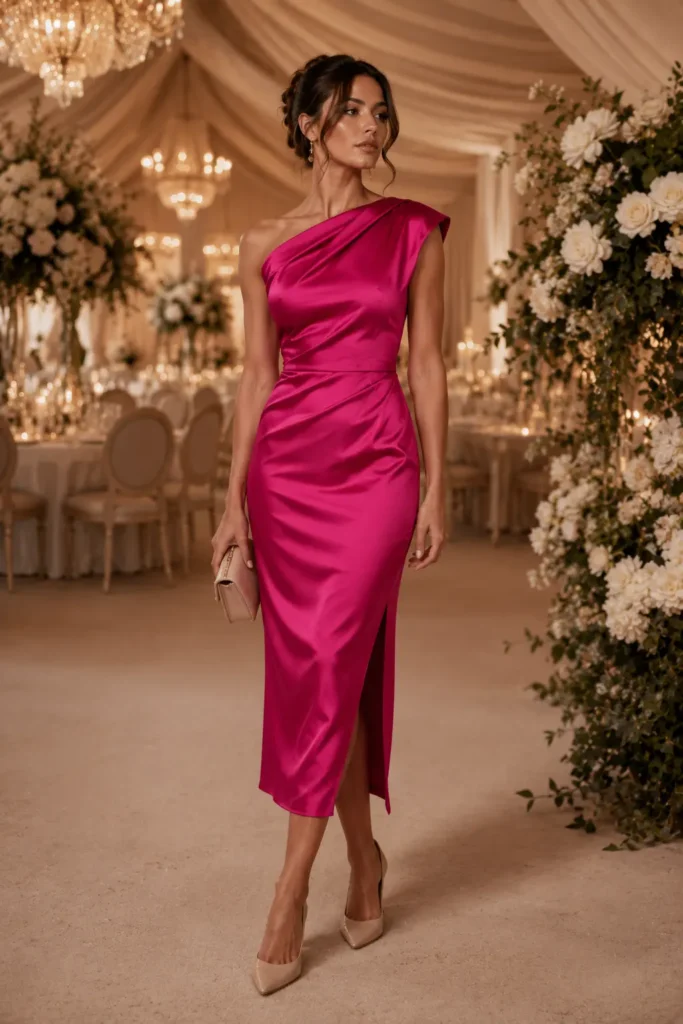 Woman in bold fuchsia satin asymmetric midi dress at elegant wedding reception