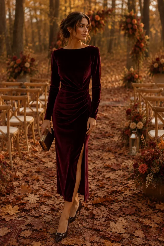Woman in burgundy velvet midi dress at fall outdoor wedding with autumn foliage