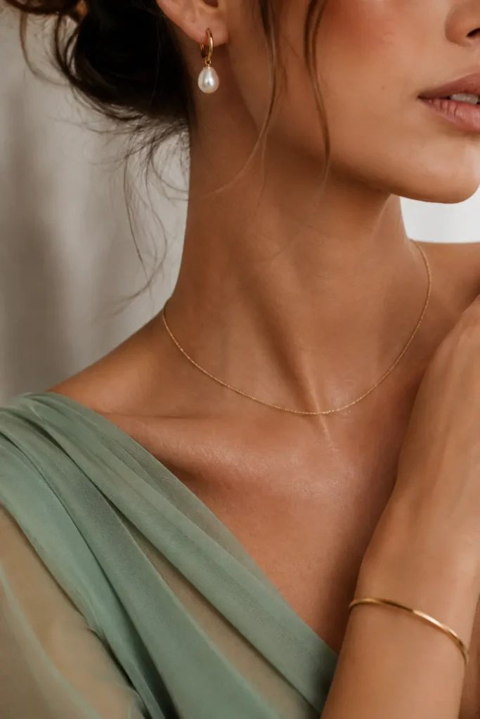Close-up of minimalist gold jewellery including thin chain necklace, hoop earrings and bangle on woman at wedding