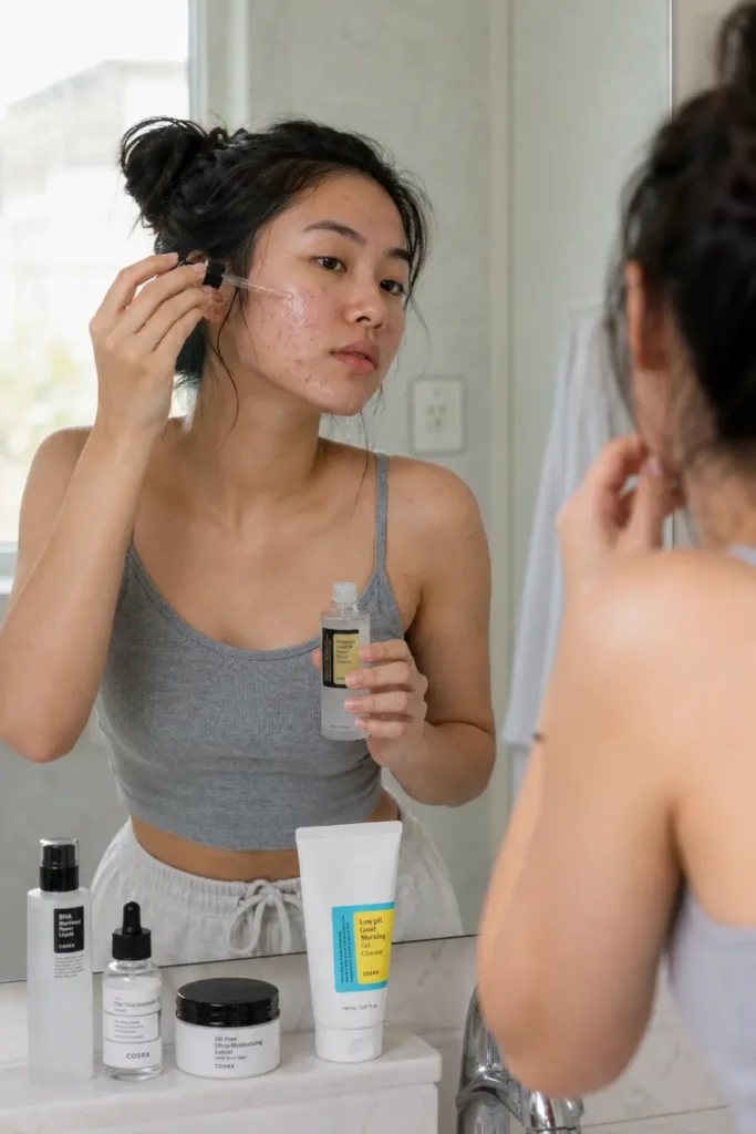 Korean skincare routine for acne prone skin with soothing and anti-breakout products