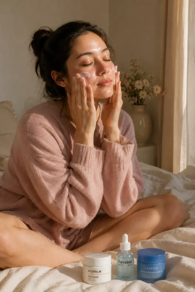 Korean skincare routine for dry skin with hydrating and nourishing products