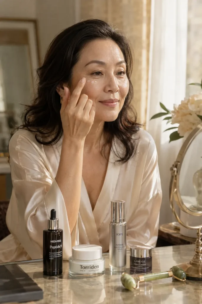 Anti aging Korean skincare routine for mature skin with collagen boosting products