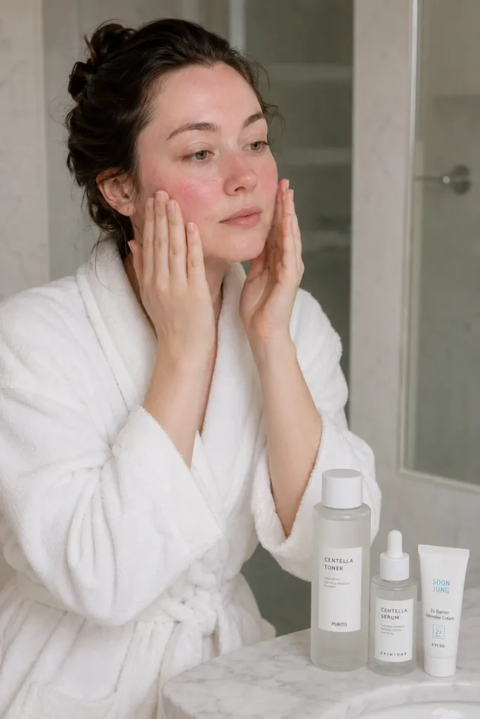 Gentle Korean skincare routine for sensitive skin with calming ingredients