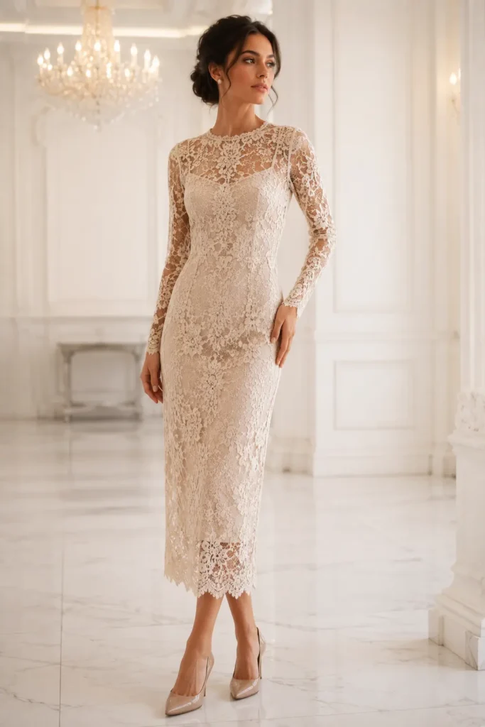 Woman in champagne lace overlay midi dress at elegant indoor wedding venue