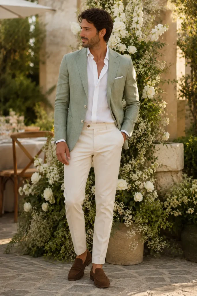 Man in sage green linen blazer with white shirt and cream chinos at outdoor garden wedding