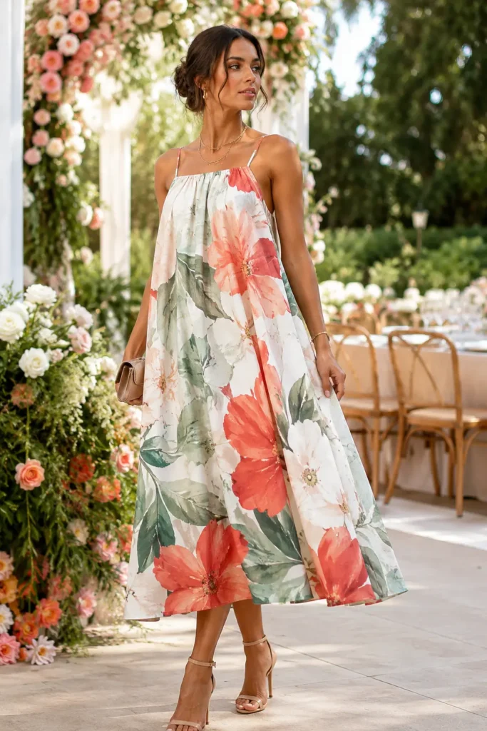 Woman in bold graphic floral print midi wrap dress at outdoor wedding venue