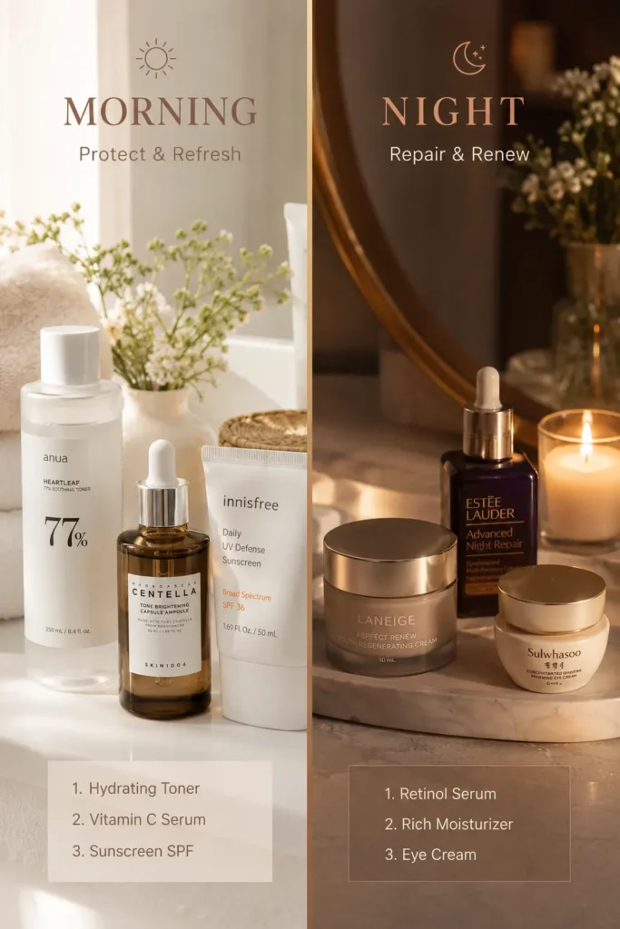 Morning and night Korean skincare routine comparison for healthy glowing skin