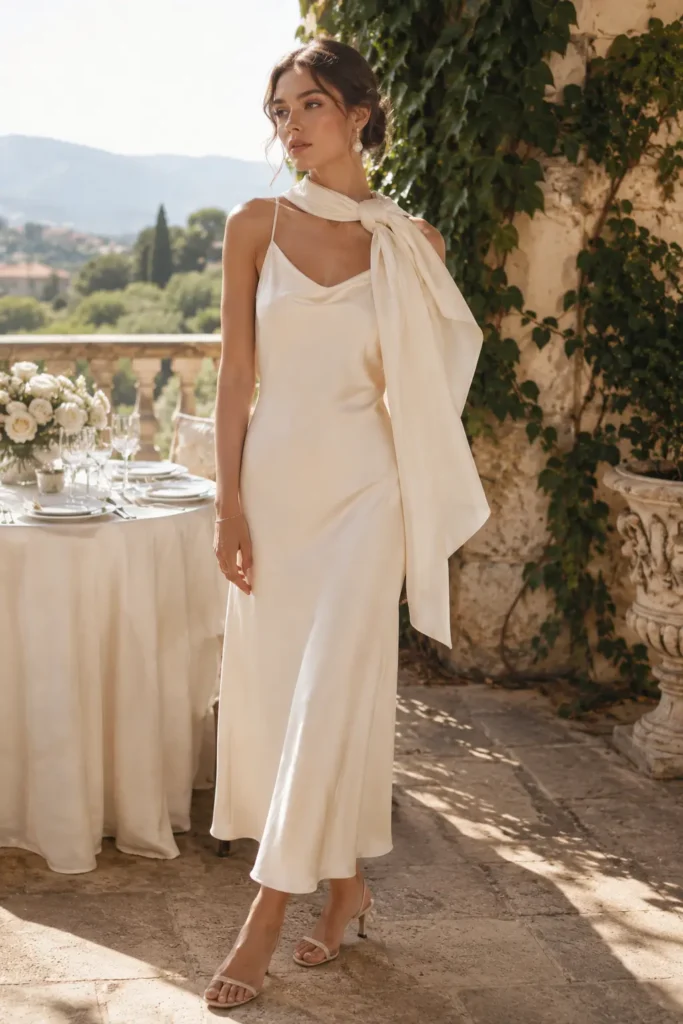 Woman in ivory silk dress with silk scarf draped elegantly over one shoulder at wedding