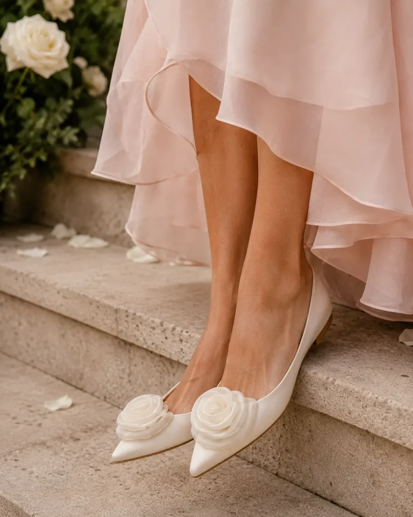 Flat lay of three 2026 wedding guest shoe styles including rosette flat, block heel sandal and strappy gold flat