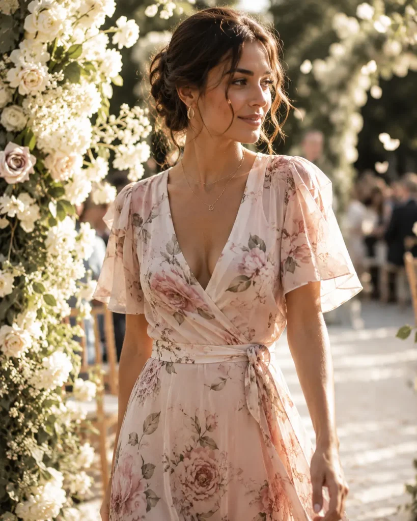 Woman in pastel floral chiffon midi dress at spring garden wedding ceremony