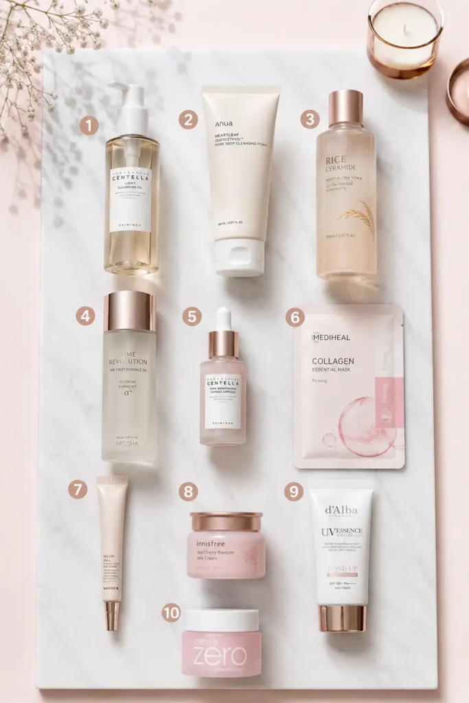 Complete 10 step Korean skincare routine with cleansing and hydration products