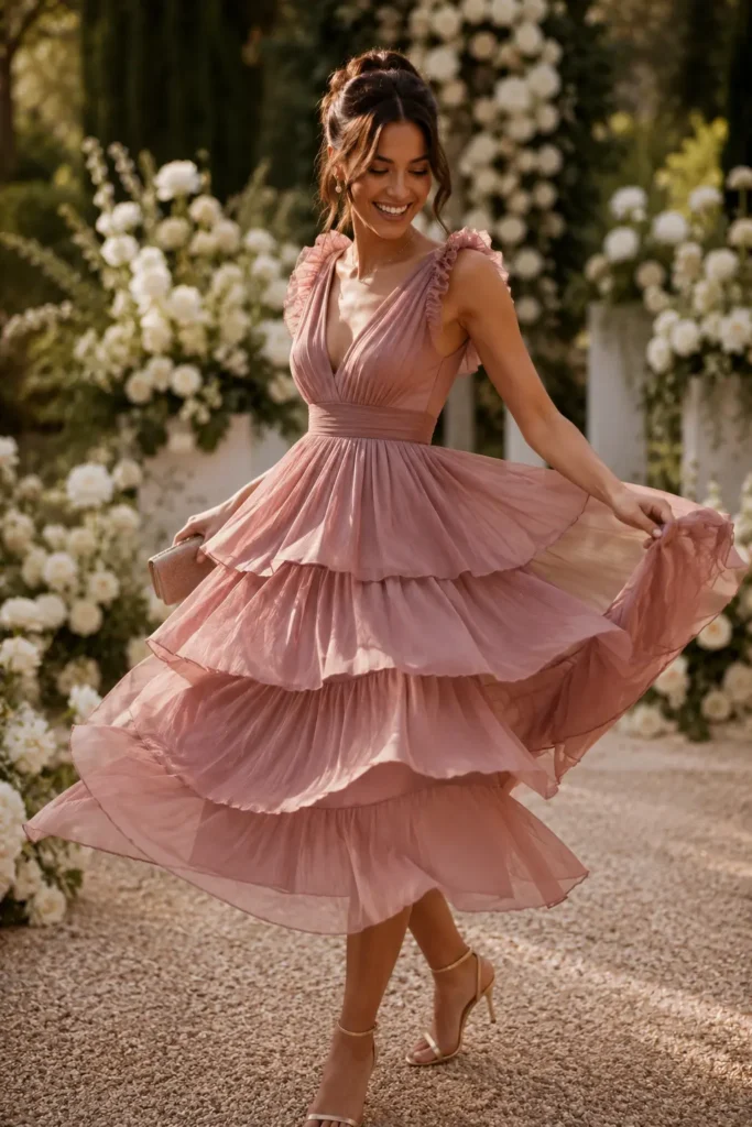 Woman in lavender tiered ruffled chiffon midi dress at outdoor garden wedding