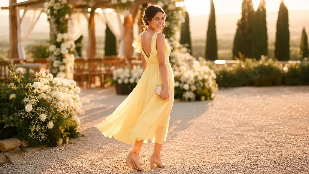 Woman in yellow midi dress standing at outdoor wedding venue — wedding guest outfit idea 2026