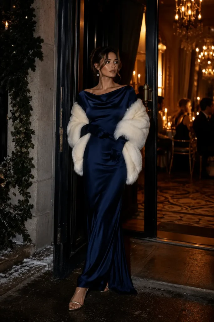 Woman in deep navy satin floor-length dress with faux fur stole at winter ballroom wedding
